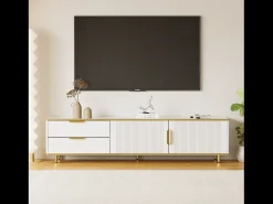 Mueble TV con almacenaje, 2 puertas y 2 cajones, mueble TV bajo, patas y tiradores dorados, color blanco
