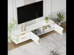Mueble TV con almacenaje, 2 puertas y 2 cajones, mueble TV bajo, patas y tiradores dorados, color blanco