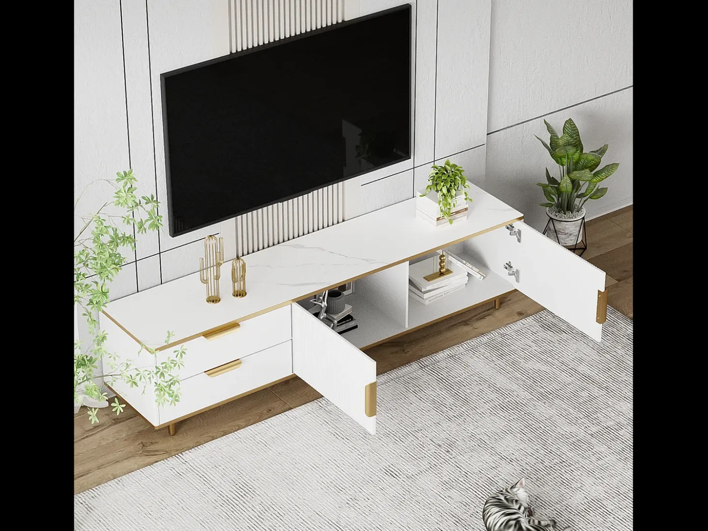 Mueble TV con almacenaje, 2 puertas y 2 cajones, mueble TV bajo, patas y tiradores dorados, color blanco