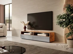 Mueble TV con dos cajones - Roble Wotan / Gris brillo - con iluminación LED - 140 cm - Rednaw
