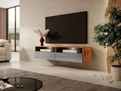 Mueble TV con dos cajones - Roble Wotan / Gris brillo - con iluminación LED - 140 cm - Rednaw