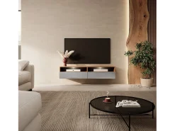 Mueble TV con dos cajones - Roble Wotan / Gris brillo - con iluminación LED - 140 cm - Rednaw