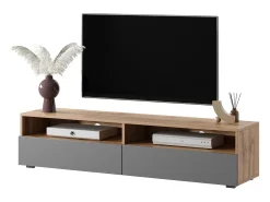 Mueble TV con dos cajones - Roble Wotan / Gris brillo - con iluminación LED - 140 cm - Rednaw