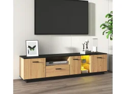 Mueble TV con LED 180cm - 1 cajón + 3 puertas + 2 compartimentos - Natural