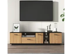 Mueble TV con LED 180cm - 1 cajón + 3 puertas + 2 compartimentos - Natural