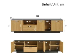 Mueble TV con LED 180cm - 1 cajón + 3 puertas + 2 compartimentos - Natural