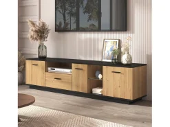 Mueble TV con LED 180cm - 1 cajón + 3 puertas + 2 compartimentos - Natural
