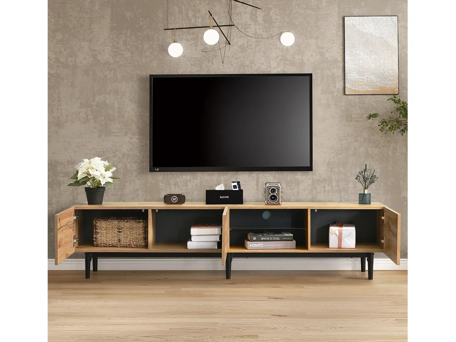 Mueble TV con LED 175cm - 3 puertas + 2 estantes - estilo industrial - Natural