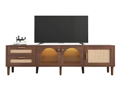 Mueble TV de 180 cm con iluminación LED - 2 cajones de ratán y 3 puertas - Marrón