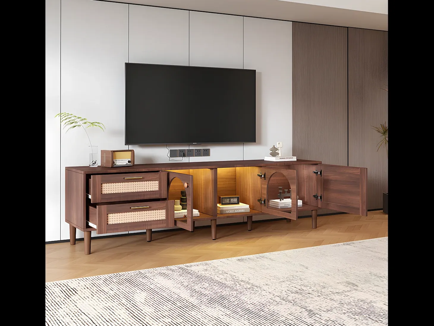 Mueble TV de 180 cm con iluminación LED - 2 cajones de ratán y 3 puertas - Marrón