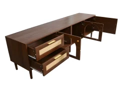 Mueble TV de 180 cm con iluminación LED - 2 cajones de ratán y 3 puertas - Marrón