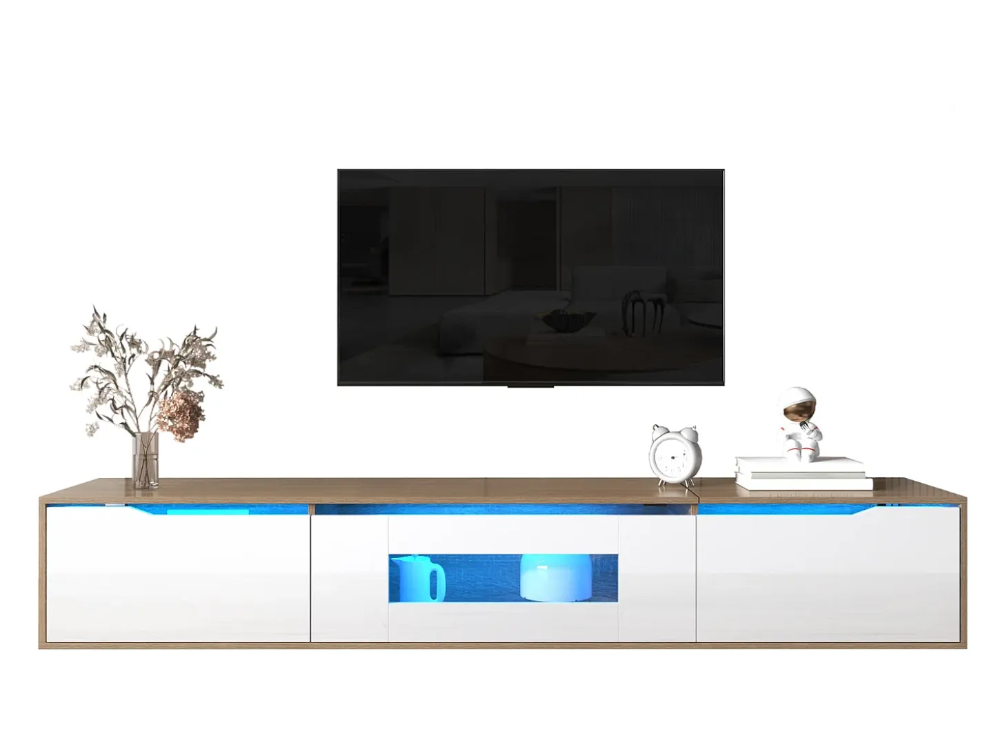 Mueble TV de 180 cm con luz LED que cambia de color - 3 compartimentos grandes - Blanco
