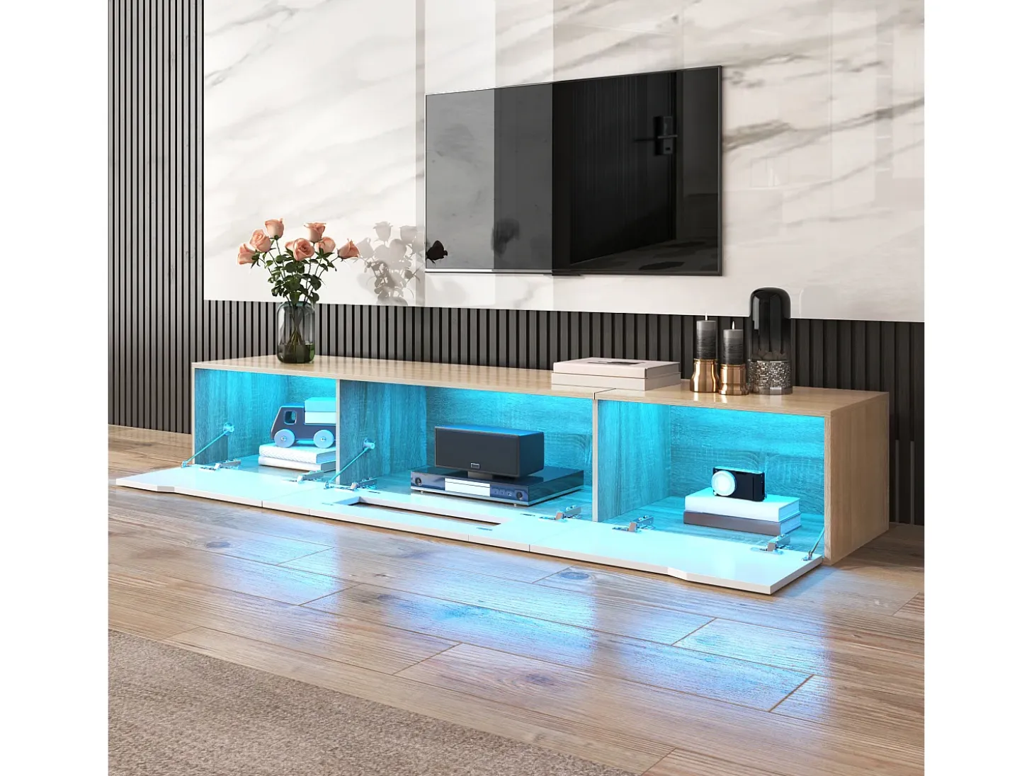 Mueble TV de 180 cm con luz LED que cambia de color - 3 compartimentos grandes - Blanco