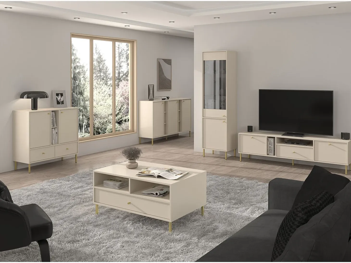 Mueble TV de 2 puertas con pies dorados - 121 cm - beige - OKTIO