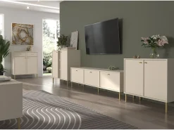 Mueble TV de 2 puertas con pies dorados - 121 cm - beige - OKTIO