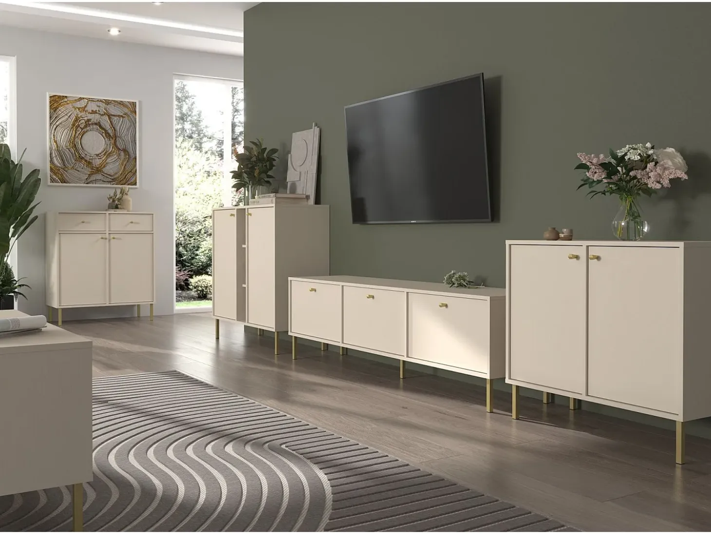 Mueble TV de 2 puertas con pies dorados - 121 cm - beige - OKTIO