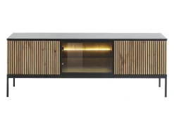 Mueble TV de 3 puertas con LEDs de MDF y vidrio ahumado - Natural claro y Negro - OVILA