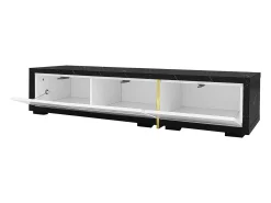 Mueble TV de 3 puertas, longitud regulable, frontal blanco brillo y laterales chapados efecto mármol negro - 140/260x40x30cm