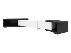 Mueble TV de 3 puertas, longitud regulable, frontal blanco brillo y laterales chapados efecto mármol negro - 140/260x40x30cm