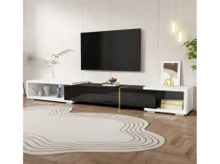 Mueble TV de 3 puertas, longitud regulable, frontal negro brillo y laterales chapados efecto mármol blanco - 140/260x40x30cm