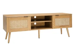 Mueble TV de madera clara, mimbre y metal negro con 2 puertas 140 cm MANILLE
