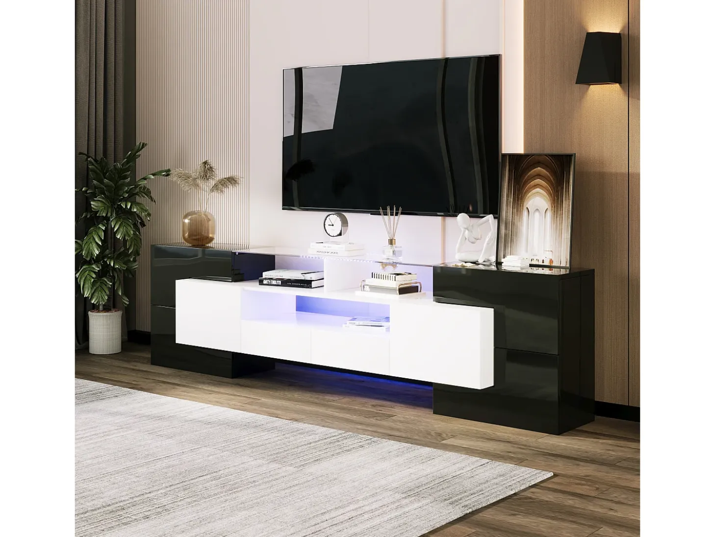 Mueble TV de madera de 2m con 2 cajones y 2 estantes abiertos - Blanco y Negro