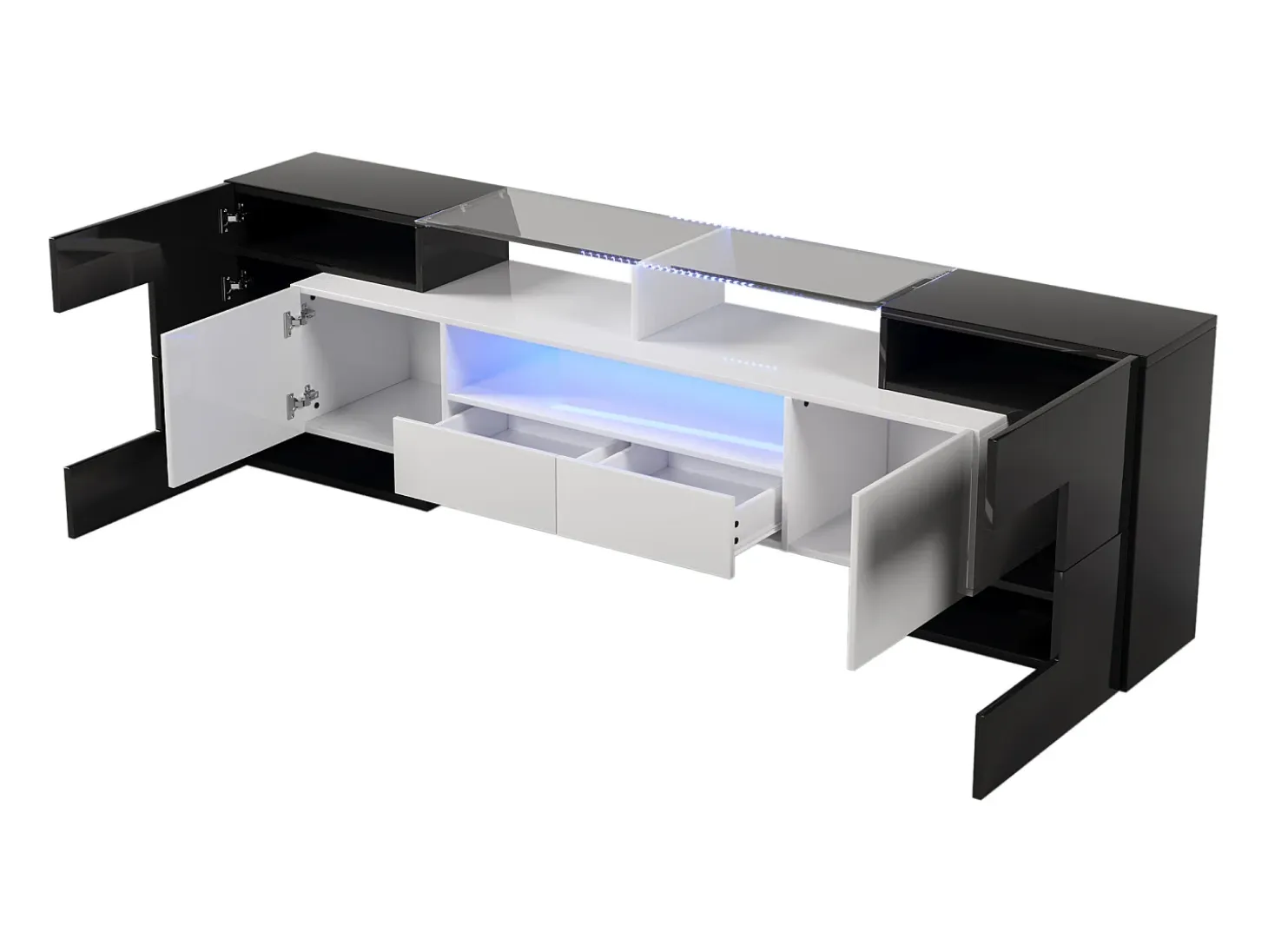 Mueble TV de madera de 2m con 2 cajones y 2 estantes abiertos - Blanco y Negro