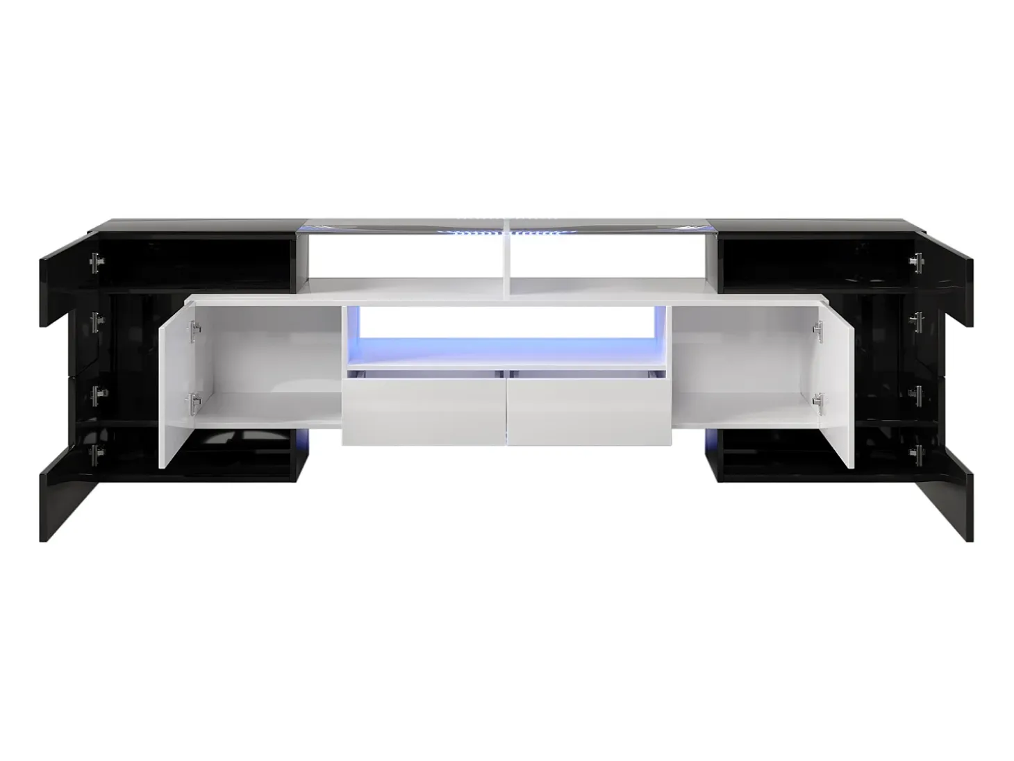 Mueble TV de madera de 2m con 2 cajones y 2 estantes abiertos - Blanco y Negro
