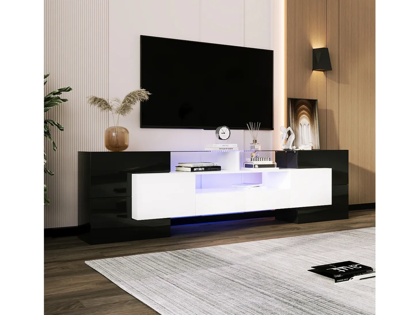 Mueble TV de madera de 2m con 2 cajones y 2 estantes abiertos - Blanco y Negro