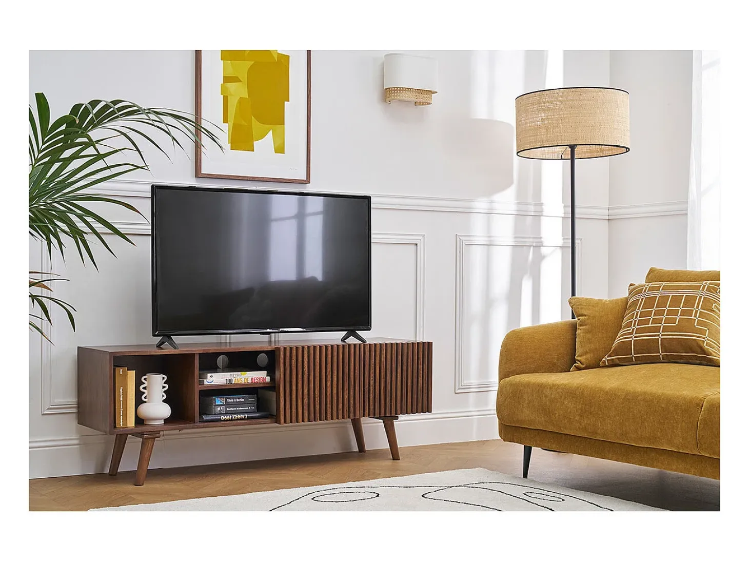 Mueble TV de madera maciza de mango oscuro con puertas correderas 140 cm ALBA