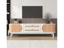 Mueble TV de madera maciza y ratán 170 cm - 2 cajones y 2 puertas - estilo rústico - natural