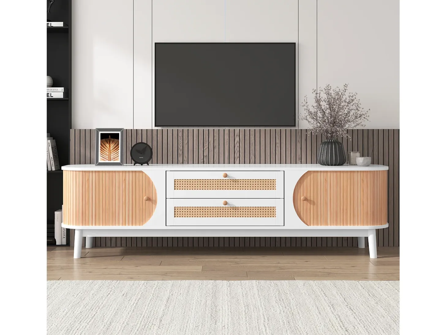 Mueble TV de madera maciza y ratán 170 cm - 2 cajones y 2 puertas - estilo rústico - natural