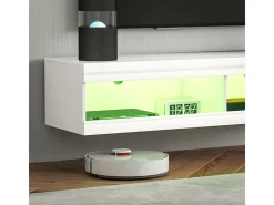 Mueble TV de pared o bajo, 140 × 40 × 30 cm, acabado lacado blanco, iluminación LED RGB, almacenaje abierto, salón/dormitorio