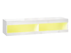 Mueble TV de pared o bajo, 140 × 40 × 30 cm, acabado lacado blanco, iluminación LED RGB, almacenaje abierto, salón/dormitorio