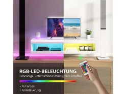 Mueble TV de pared o bajo, 140 × 40 × 30 cm, acabado lacado blanco, iluminación LED RGB, almacenaje abierto, salón/dormitorio