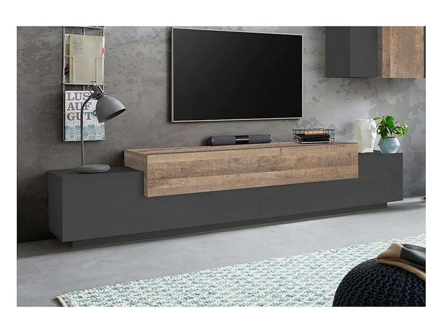 Mueble TV diseño moderno 240cm gris y madera Corona Low Hound