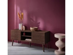 Mueble tv escandinavo 2 puertas, decoración madera acanalada nogal