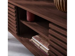 Mueble tv escandinavo 2 puertas, decoración madera acanalada nogal