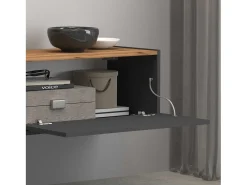 Mueble TV Garda con 2 puertas y 1 estante central, color antracita mate y roble, 210 x 35 x 30 cm