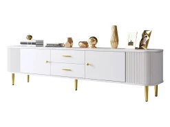 Mueble TV L 170 cm - 2 cajones y 2 puertas - tiradores y pies dorados - Blanco