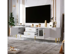 Mueble TV L 170 cm - 2 cajones y 2 puertas - tiradores y pies dorados - Blanco
