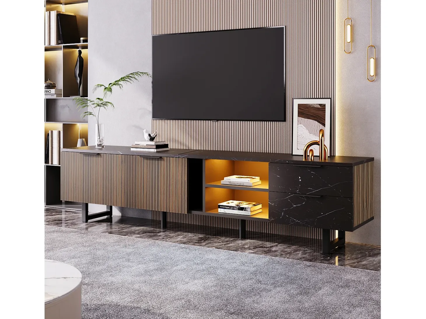 Mueble TV L 200 cm con LED - 2 puertas y 2 cajones - Marrón