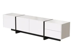 Mueble TV lacado en blanco y negro – Aparador bajo con puertas, cajones y estantes, patas negras, 190 x 35 x 45 cm