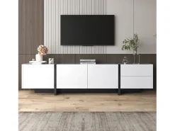 Mueble TV lacado en blanco y negro – Aparador bajo con puertas, cajones y estantes, patas negras, 190 x 35 x 45 cm