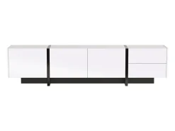 Mueble TV lacado en blanco y negro – Aparador bajo con puertas, cajones y estantes, patas negras, 190 x 35 x 45 cm