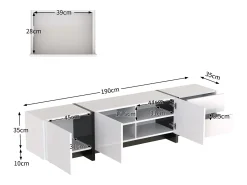 Mueble TV lacado en blanco y negro – Aparador bajo con puertas, cajones y estantes, patas negras, 190 x 35 x 45 cm