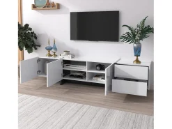 Mueble TV lacado en blanco y negro – Aparador bajo con puertas, cajones y estantes, patas negras, 190 x 35 x 45 cm