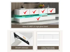 Mueble TV moderno bajo de pared - 130 x 33 x 15 cm - con LED + 2 armarios + 4 cajones - MDF - blanco