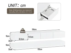 Mueble TV moderno bajo de pared - 130 x 33 x 15 cm - con LED + 2 armarios + 4 cajones - MDF - blanco
