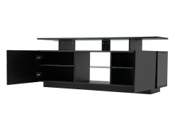 Mueble TV negro de 140 cm, iluminación LED de 16 colores, puertas lacadas con paneles de cristal, espacio para TV de hasta 60"